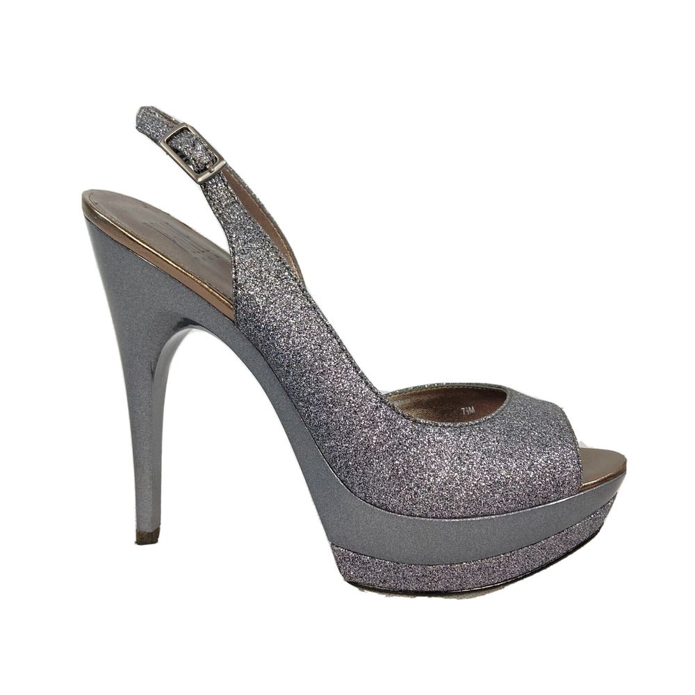 Pelle Moda Pumps Womens Sz 7.5 Sparkly Silver Peep Toe Slingback Stiletto Heels‎